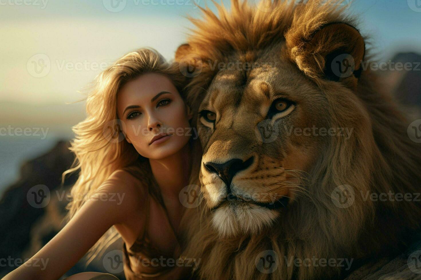 Lion and woman on the top of the mountain at sunset. ai generated pro photo