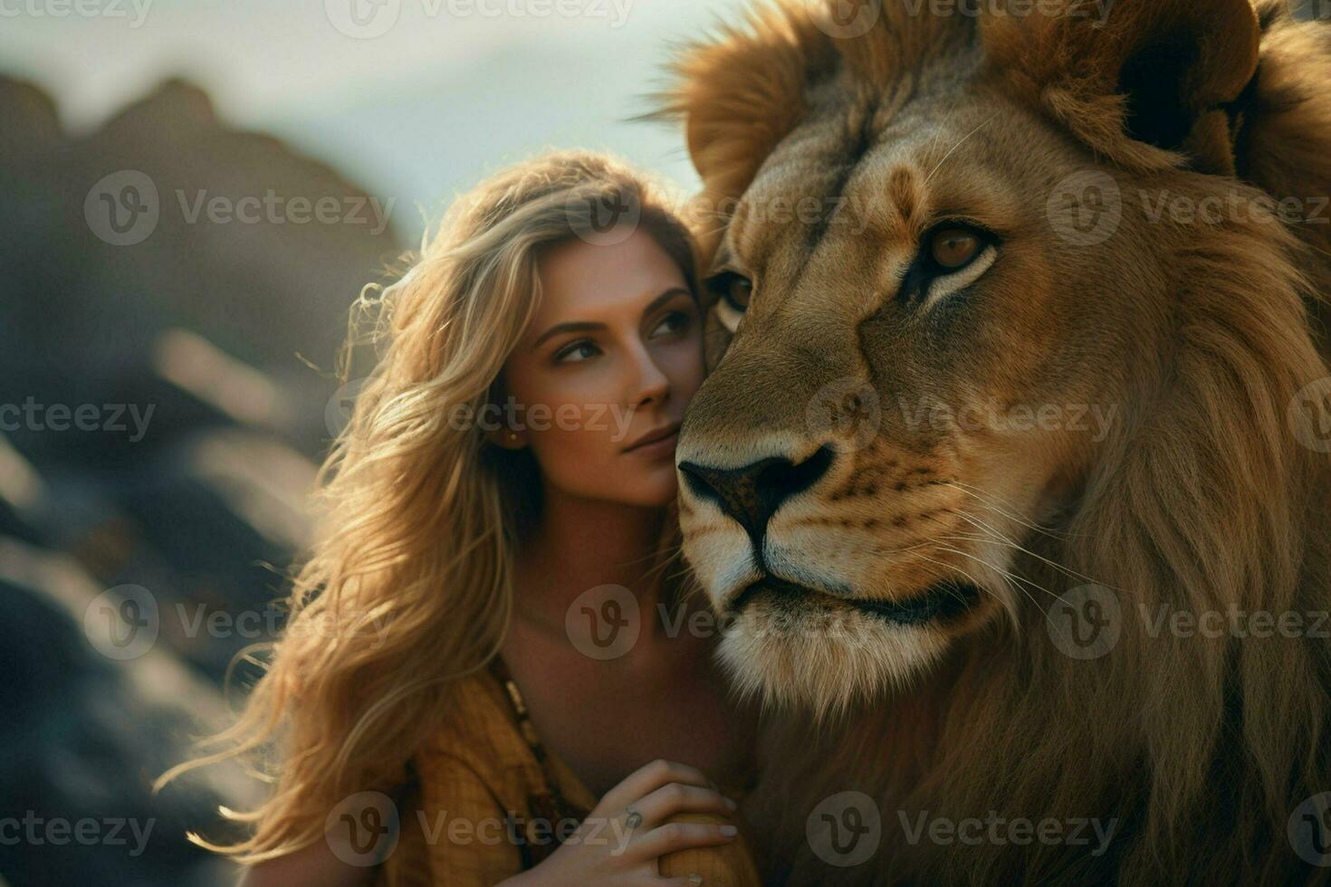 Lion and woman on the top of the mountain at sunset. ai generated pro photo
