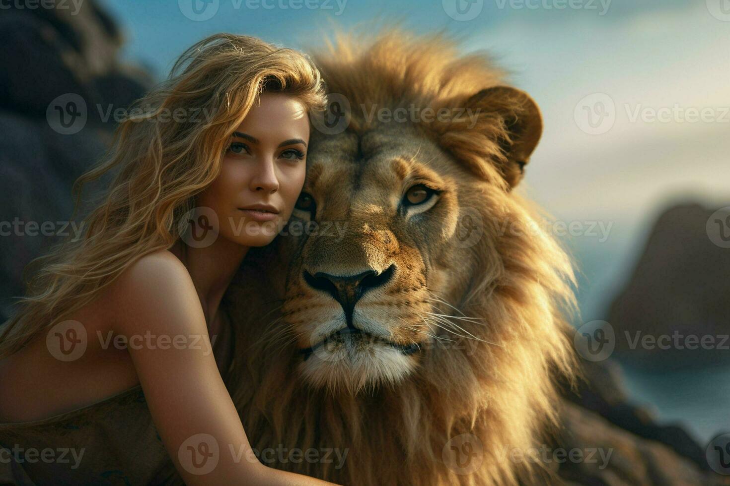 Lion and woman on the top of the mountain at sunset. ai generated pro photo