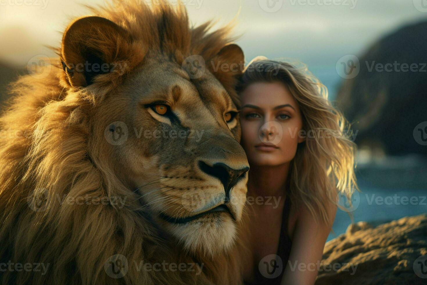 Lion and woman on the top of the mountain at sunset. ai generated pro photo