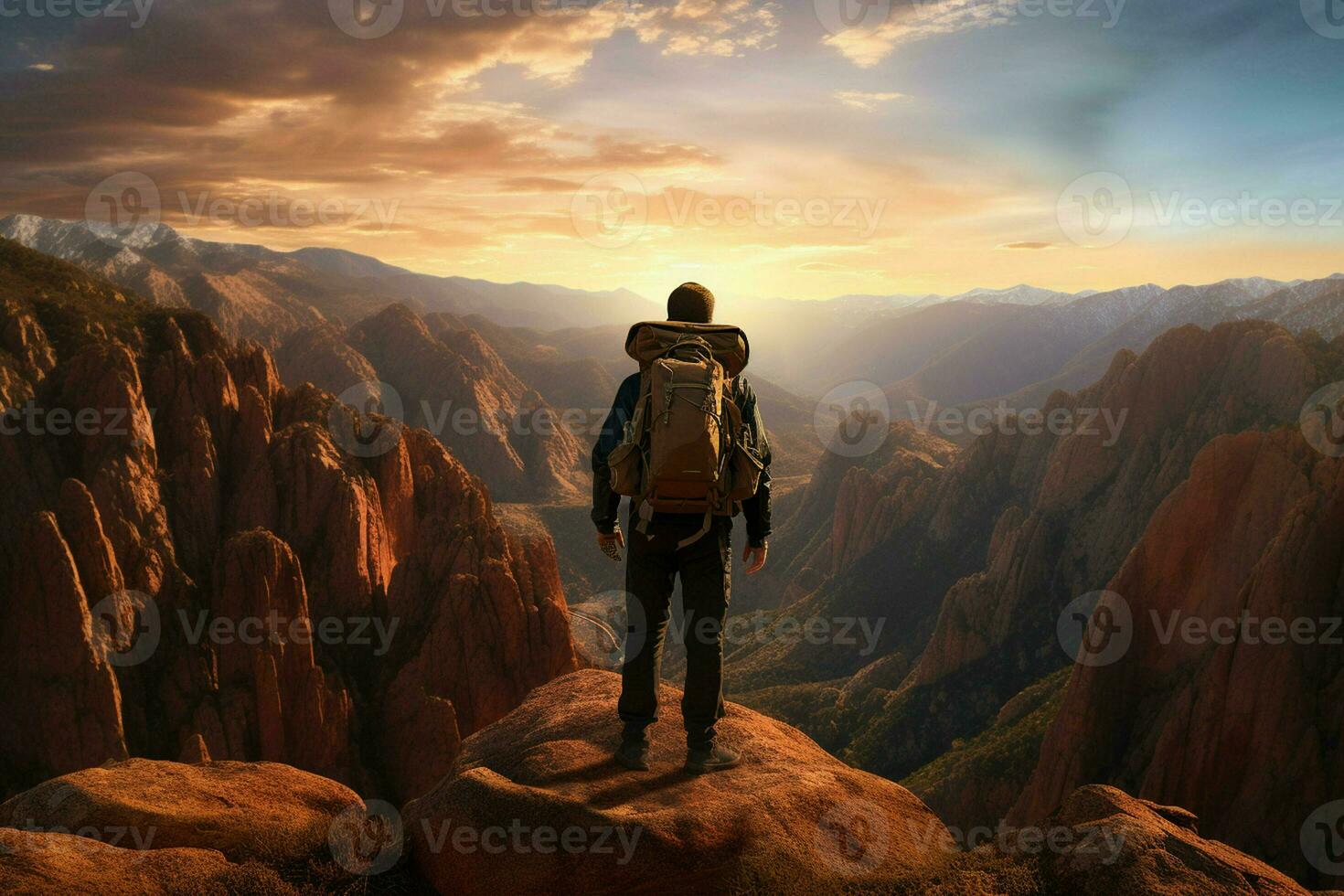 Hiking woman with backpack standing on top of a mountain and looking at the sunset. ai generated pro photo
