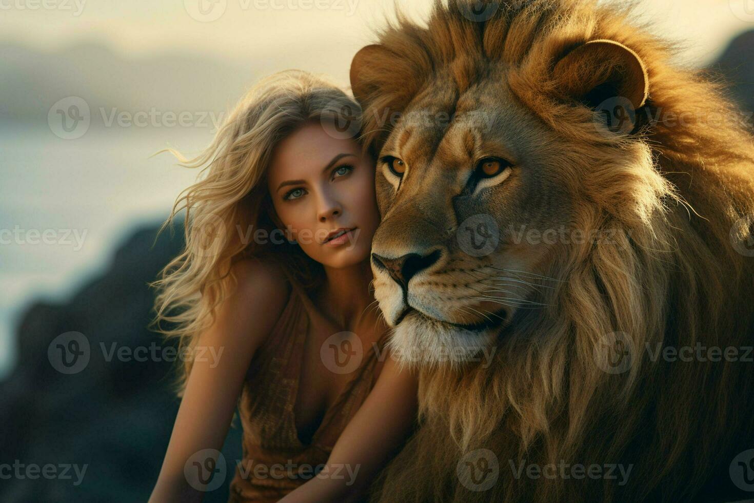 Lion and woman on the top of the mountain at sunset. ai generated pro photo