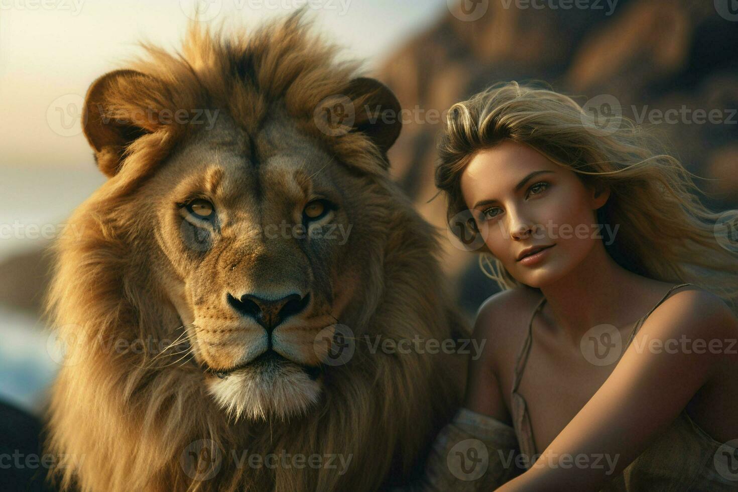 Lion and woman on the top of the mountain at sunset. ai generated pro photo