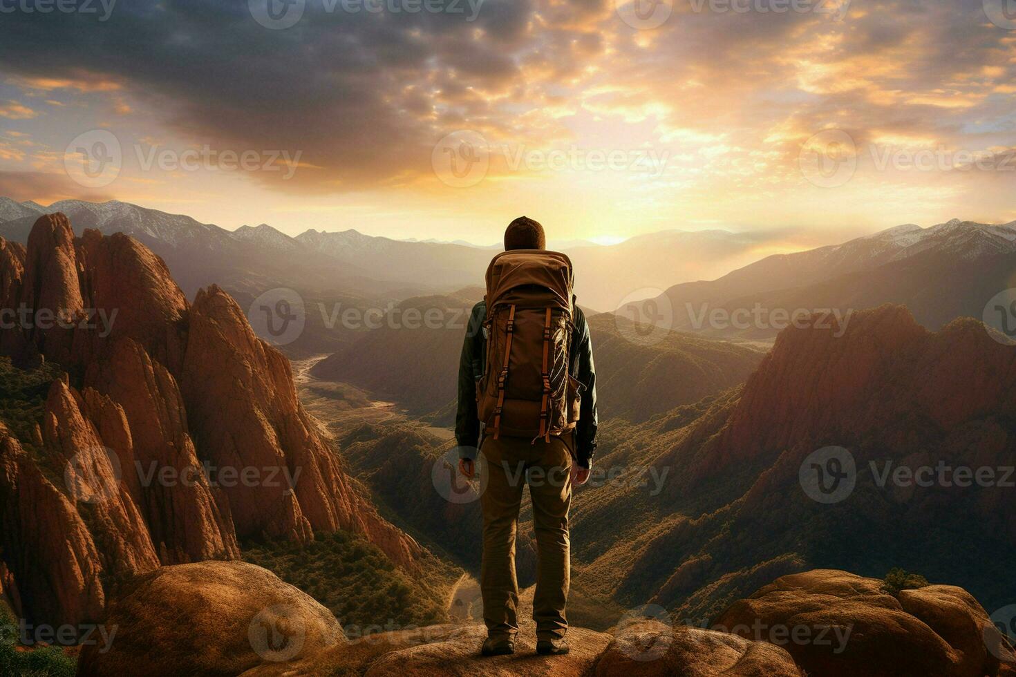 Hiking woman with backpack standing on top of a mountain and looking at the sunset. ai generated pro photo