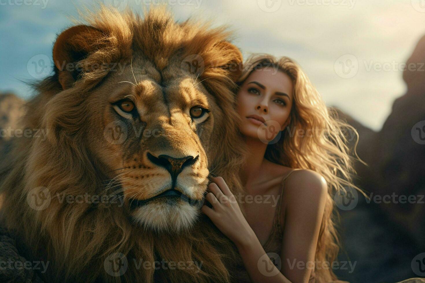 Lion and woman on the top of the mountain at sunset. ai generated pro photo