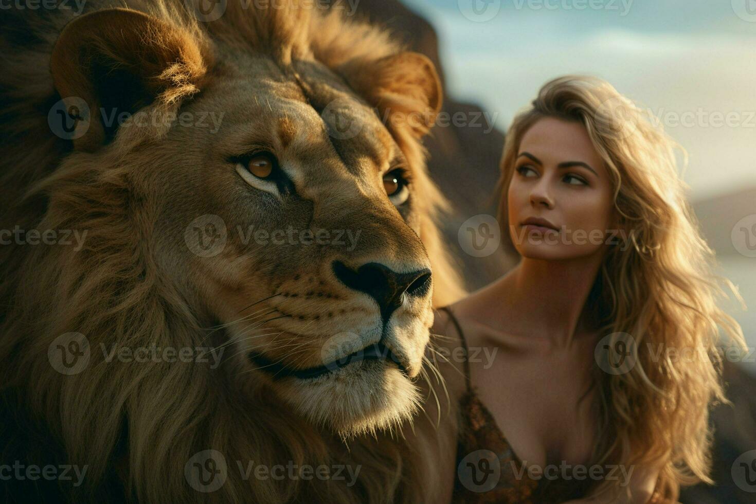Lion and woman on the top of the mountain at sunset. ai generated pro photo