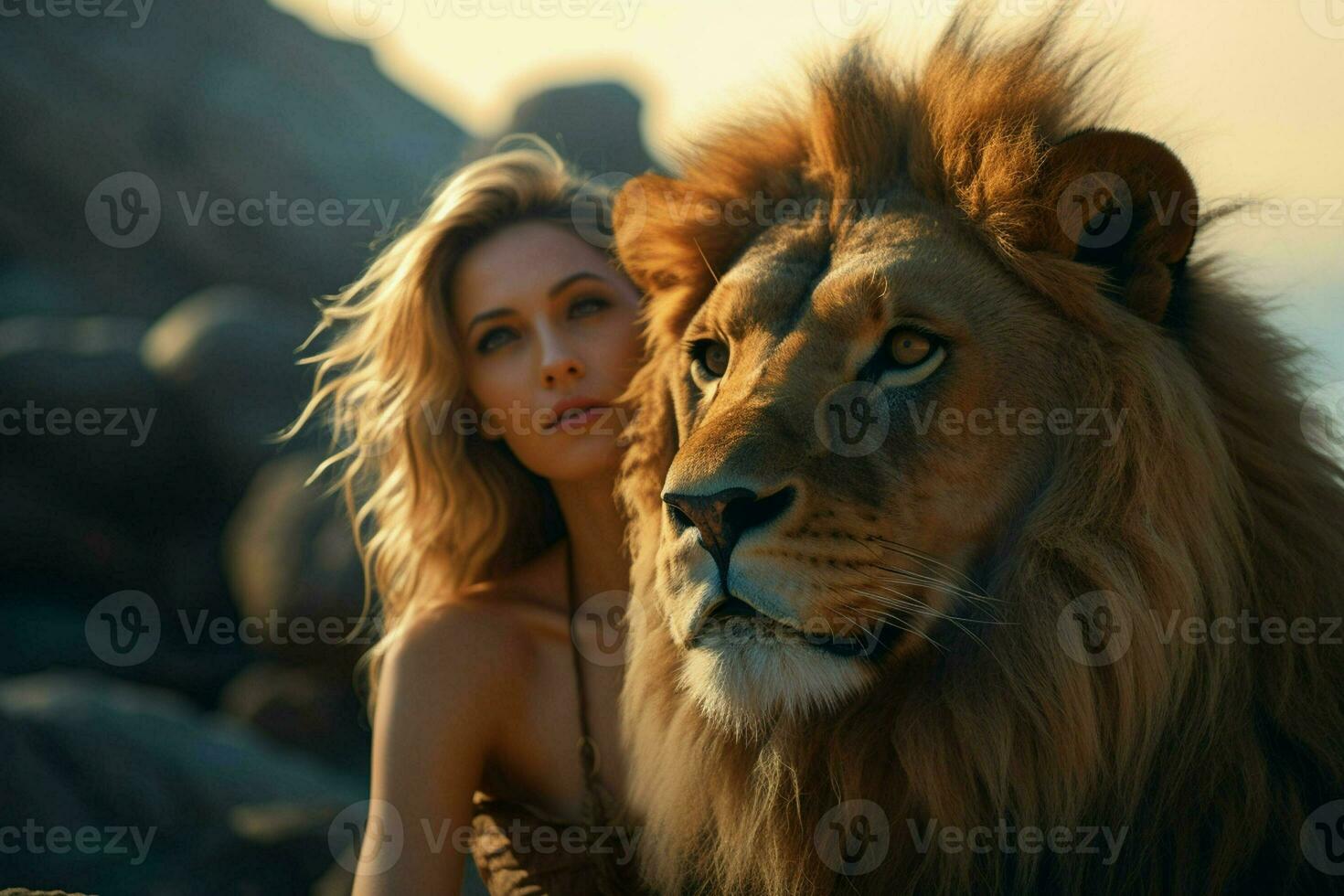 Lion and woman on the top of the mountain at sunset. ai generated pro photo