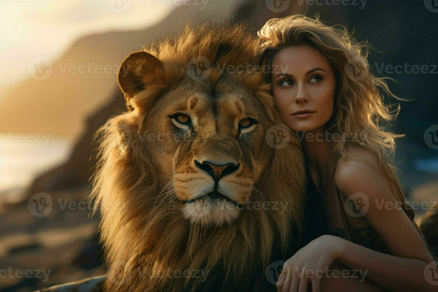 Lion and woman on the top of the mountain at sunset. ai generated pro photo