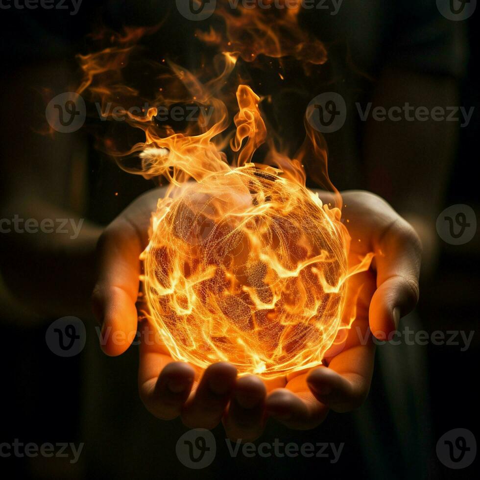 Close up of human hands holding burning earth planet. Global warming concept. ai generated pro photo