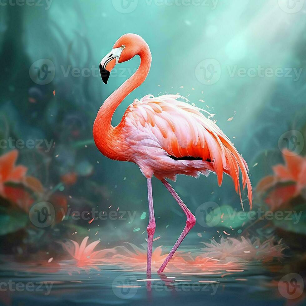 Flamingo in the water. Beautiful flamingo on a background of tropical plants. ai generated pro photo