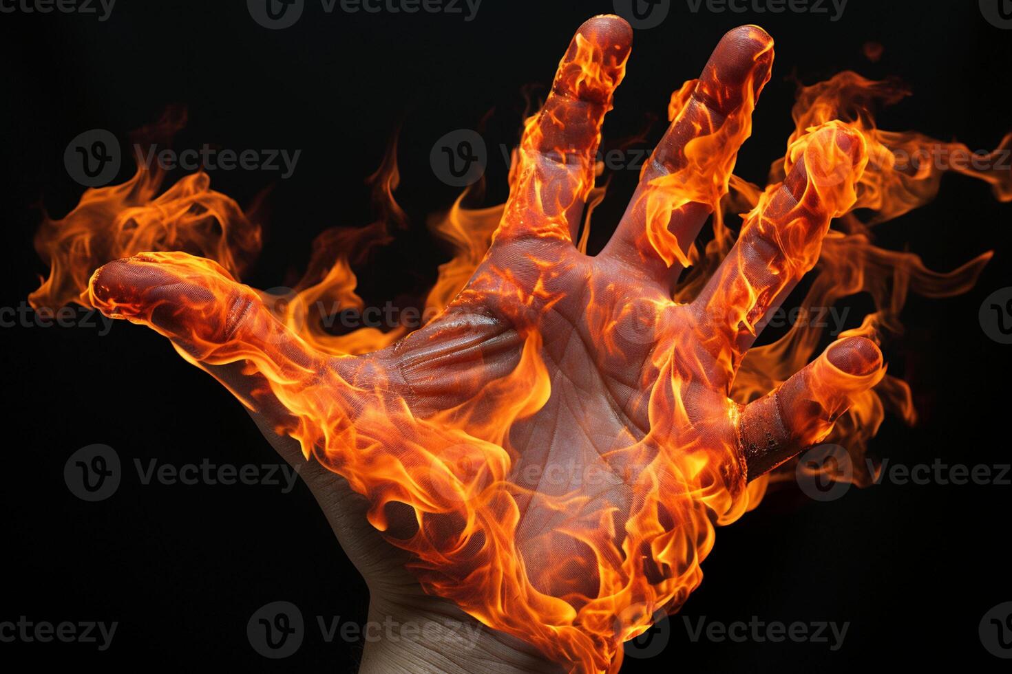 Hand with fire on a black background. Close-up of human hand. ai generated pro photo