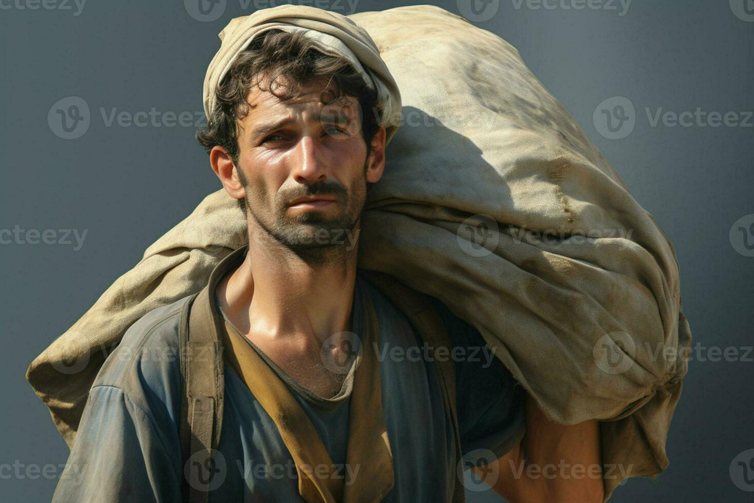 Portrait of a young day laborer carrying a heavy bag on his head. ai generated pro photo