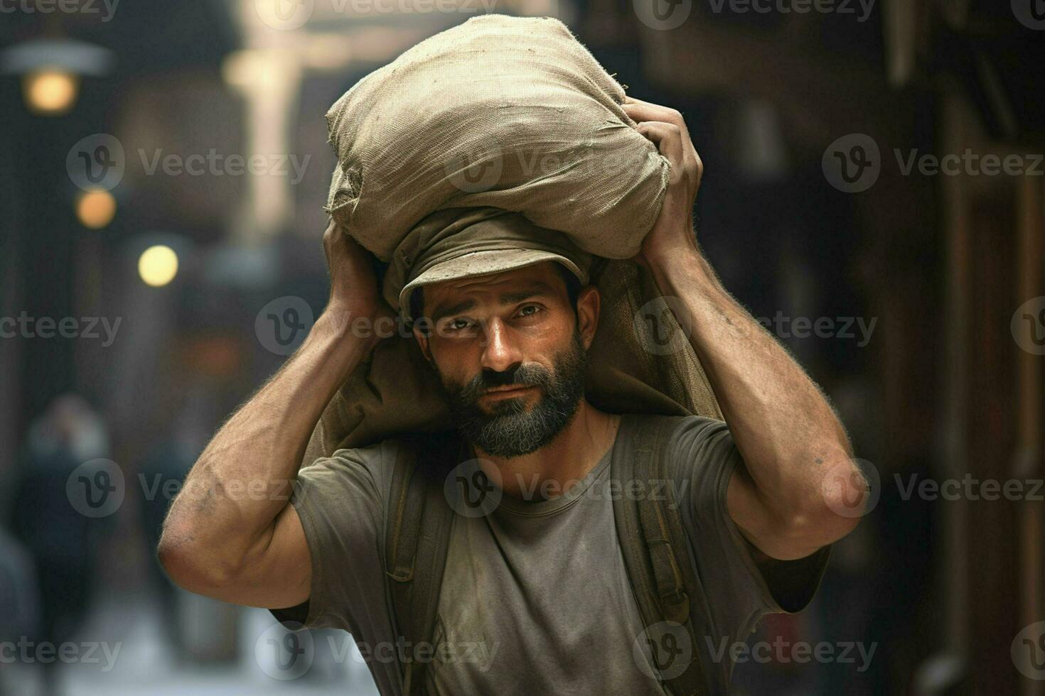 retrato de un joven día obrero que lleva un pesado bolso en su cabeza. ai generado Pro foto