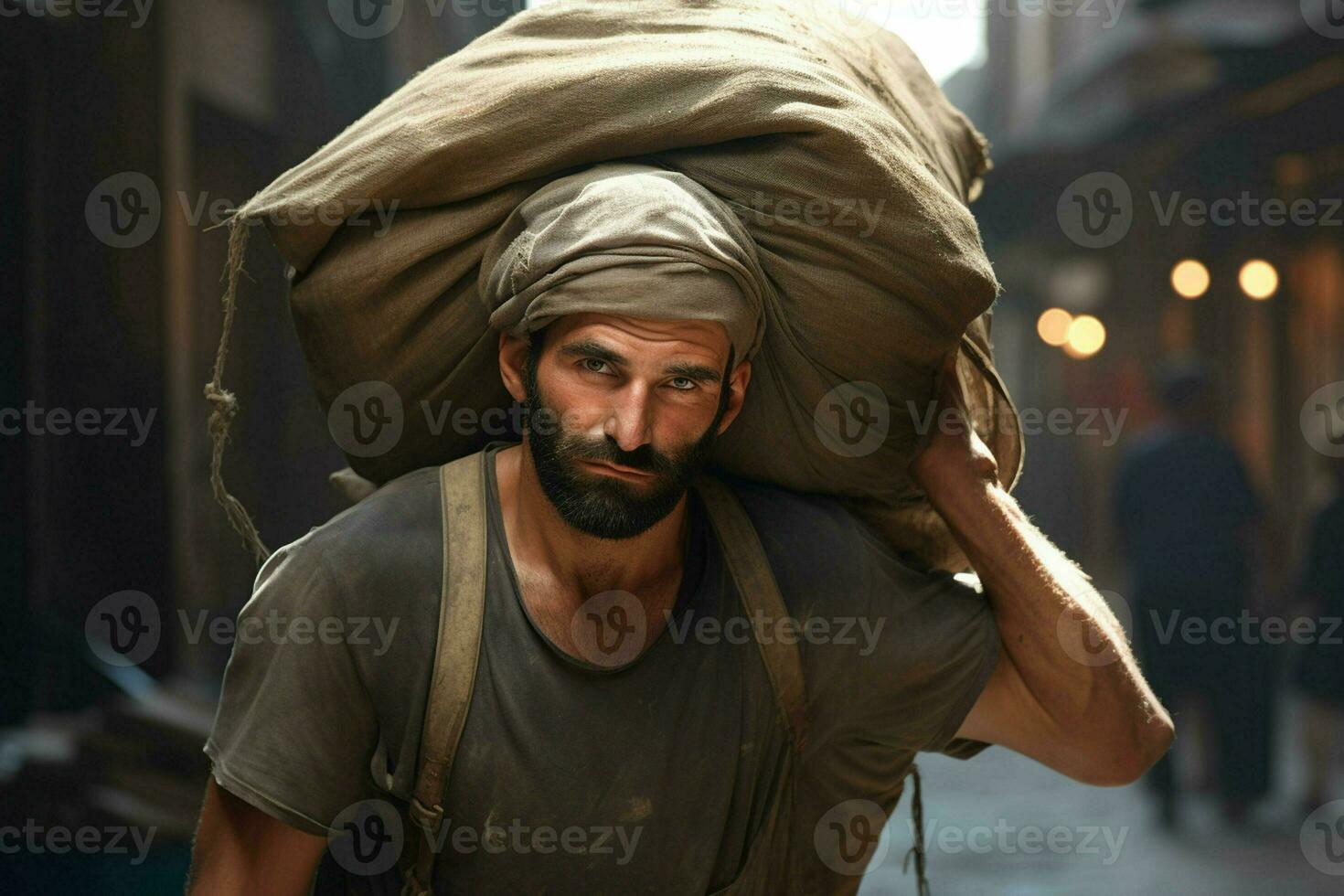 Portrait of a young day laborer carrying a heavy bag on his head. ai generated pro photo