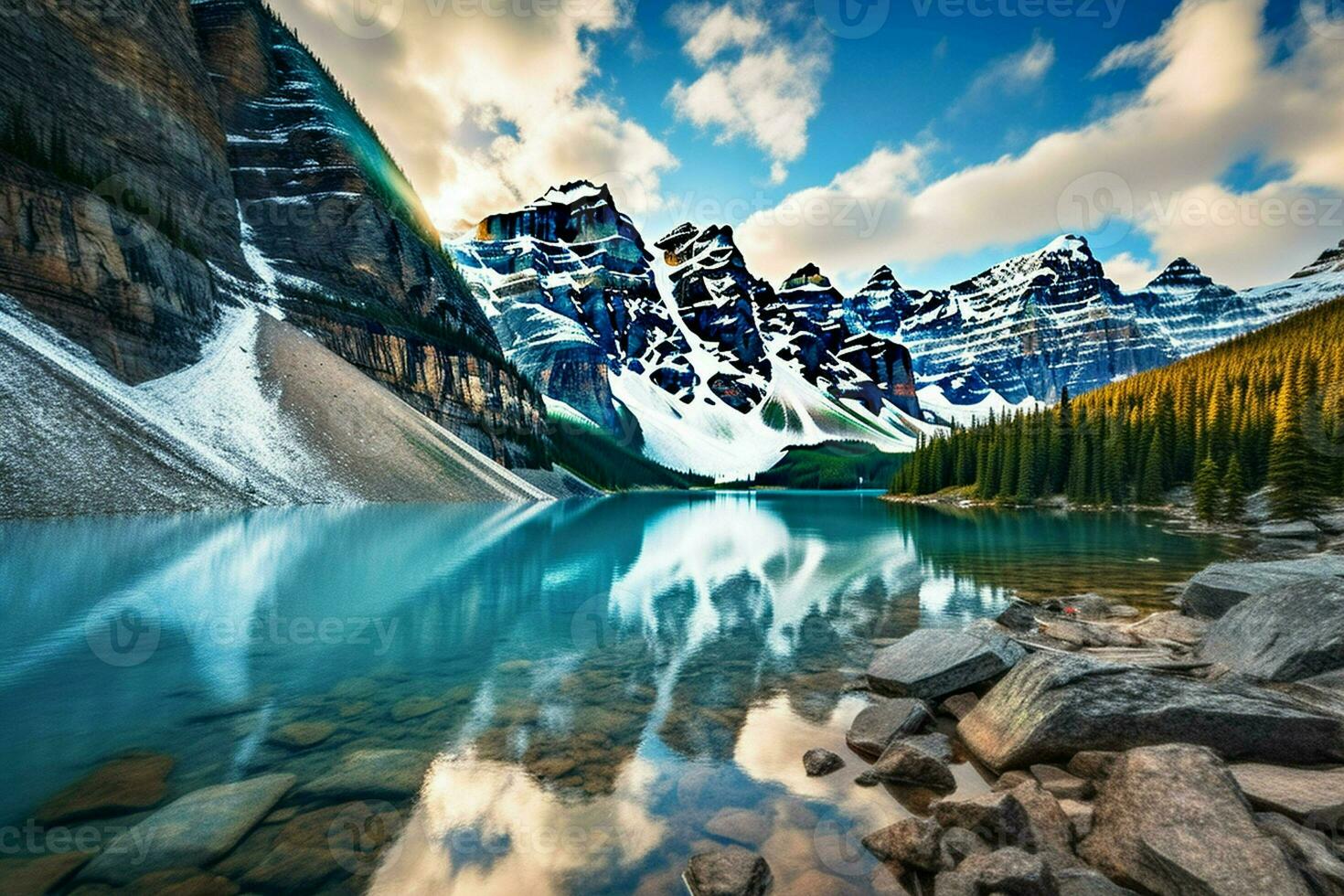 Mountains and lake in Banff National Park, Alberta, Canada. ai generated pro photo