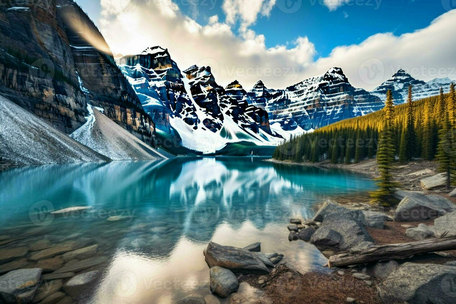 Mountains and lake in Banff National Park, Alberta, Canada. ai generated pro photo