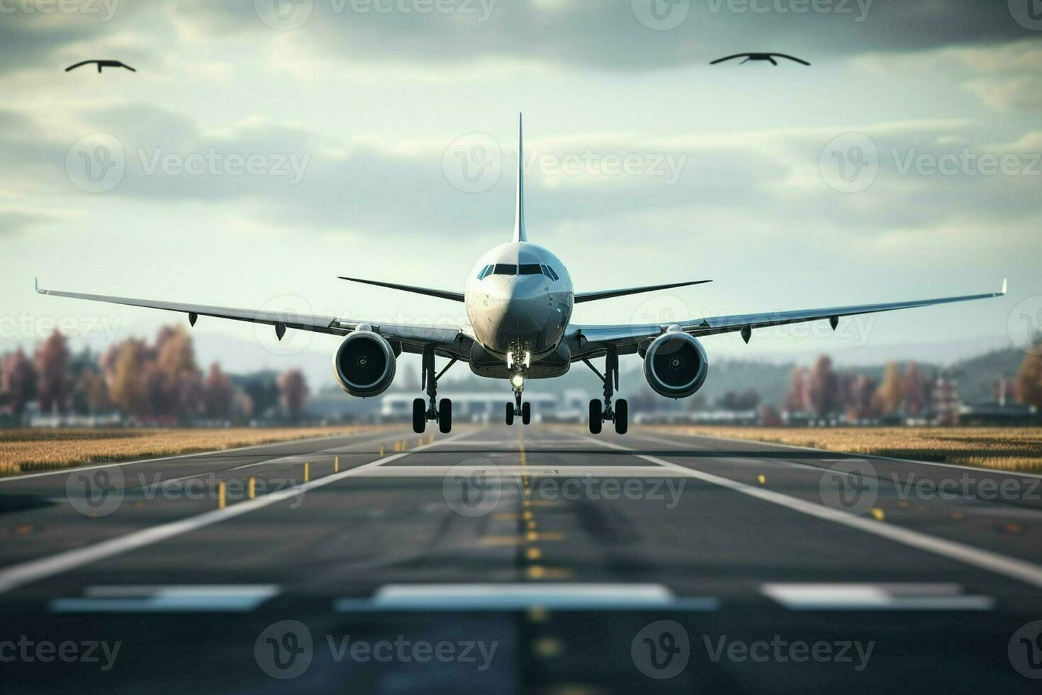 Airplane on the runway at sunset with cityscape background. Travel concept. ai generated  pro photo