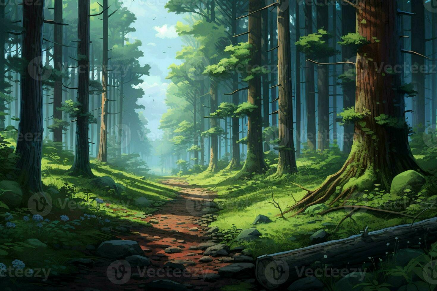 Fantasy forest with old trees and stairs. Fresh green forest with rocks and trees. ai generated  pro photo