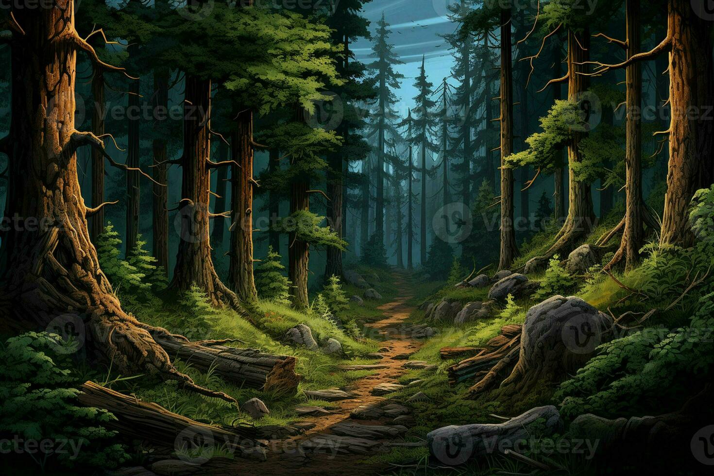 Fantasy forest with old trees and stairs. Fresh green forest with rocks and trees. ai generated  pro photo