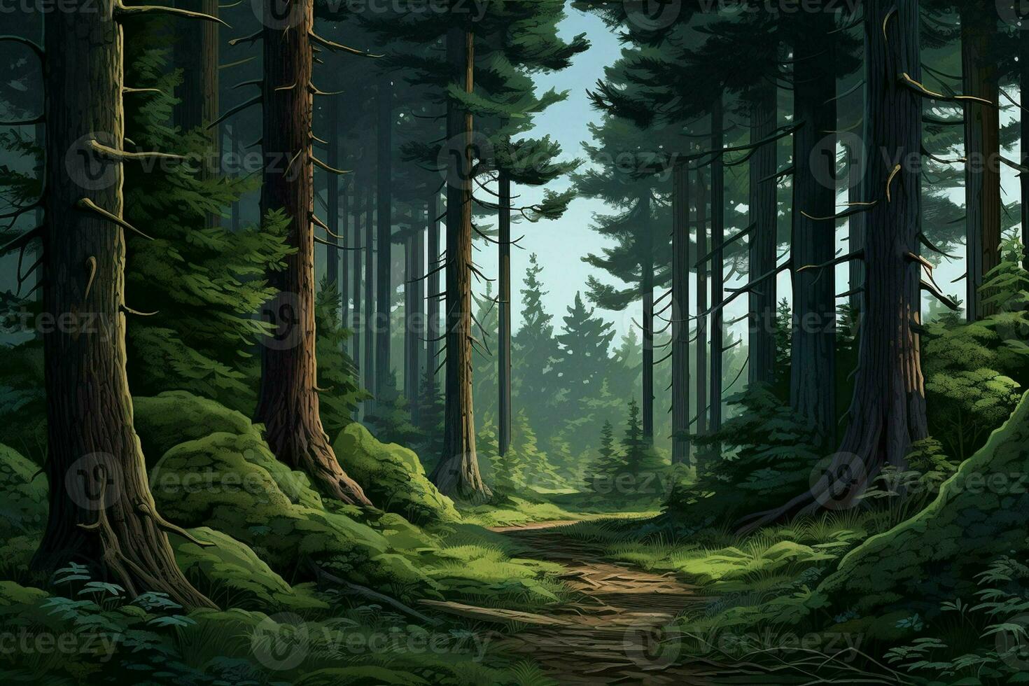 Fantasy forest with old trees and stairs. Fresh green forest with rocks and trees. ai generated  pro photo