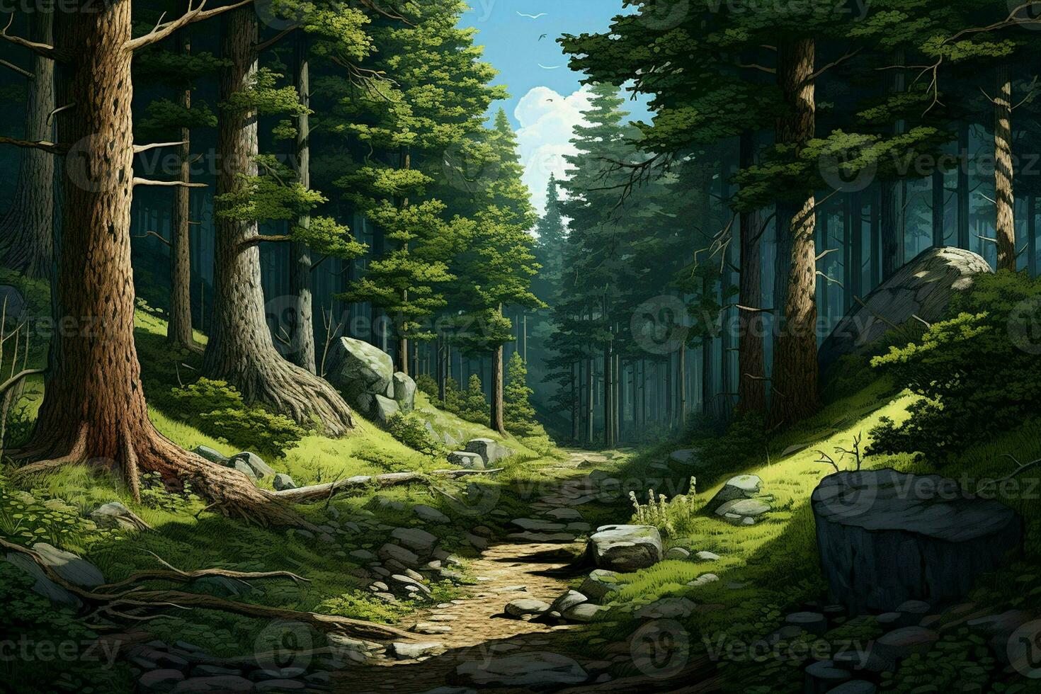 fantasía bosque con antiguo arboles y escaleras. Fresco verde bosque con rocas y arboles ai generado Pro foto