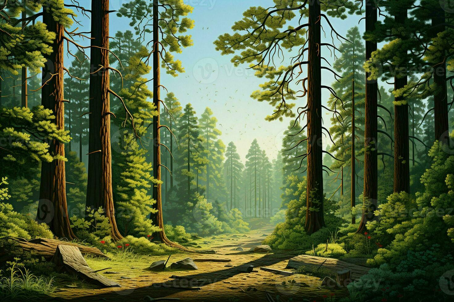 Fantasy forest with old trees and stairs. Fresh green forest with rocks and trees. ai generated  pro photo