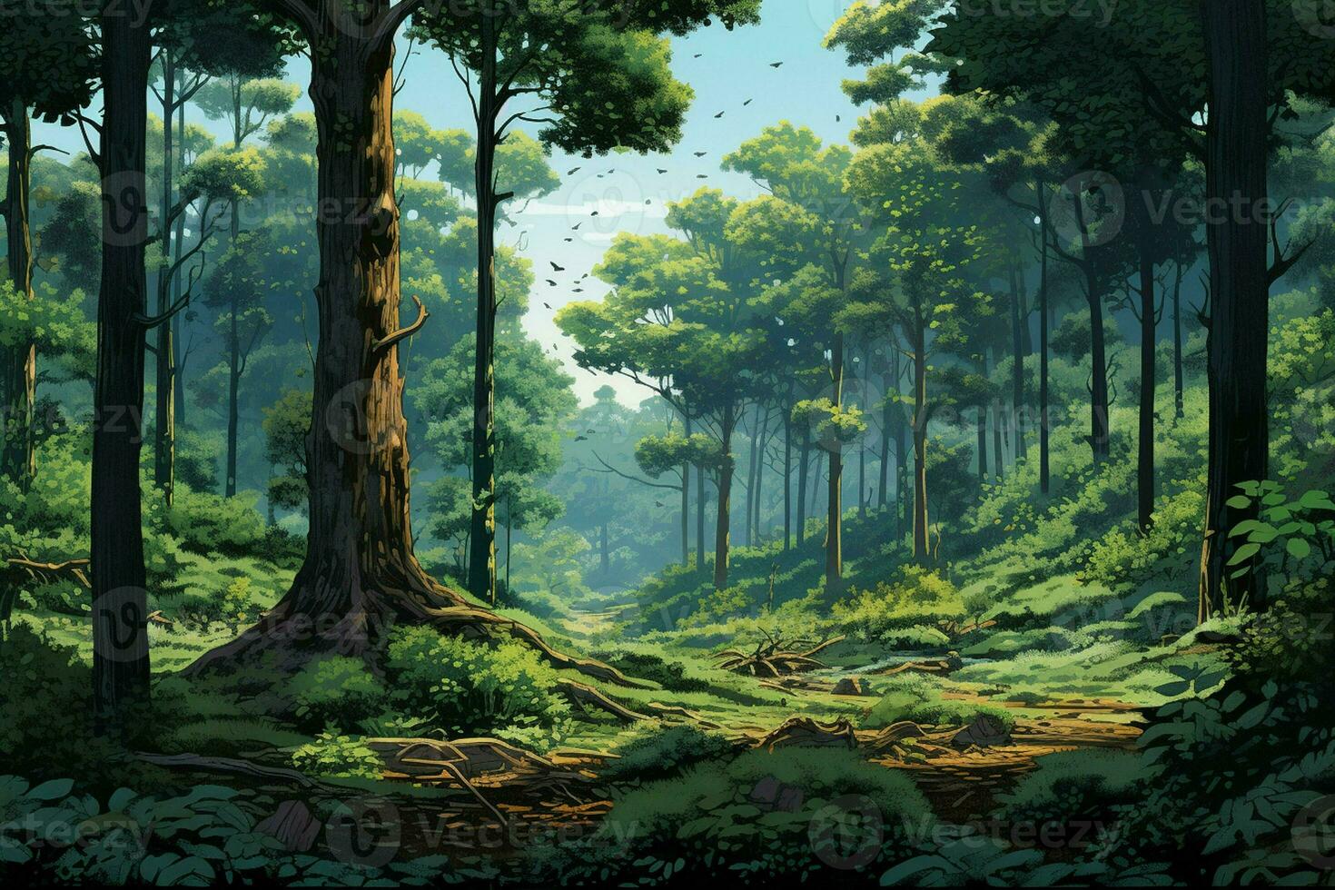 Fantasy forest with old trees and stairs. Fresh green forest with rocks and trees. ai generated  pro photo