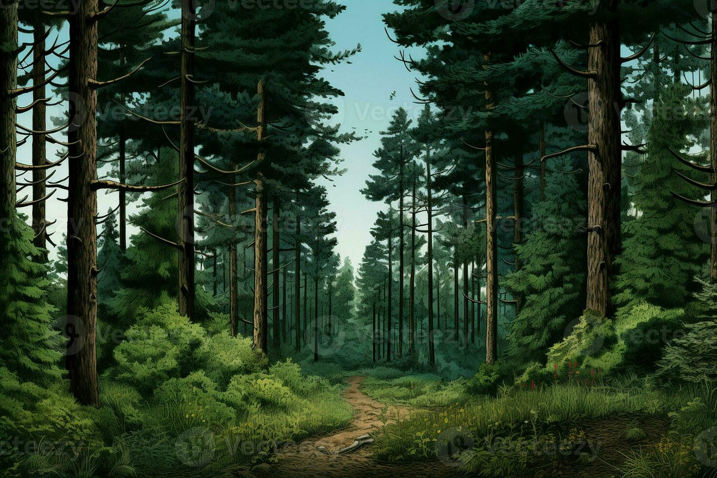 Fantasy forest with old trees and stairs. Fresh green forest with rocks and trees. ai generated  pro photo