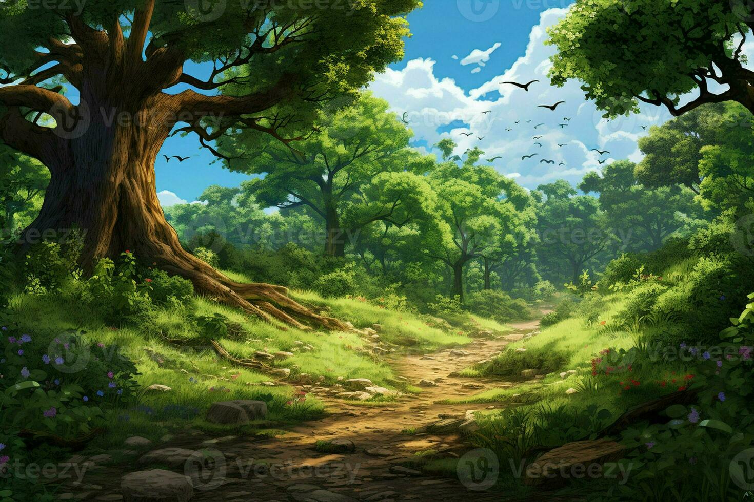 Fantasy forest with old trees and stairs. Fresh green forest with rocks and trees. ai generated  pro photo