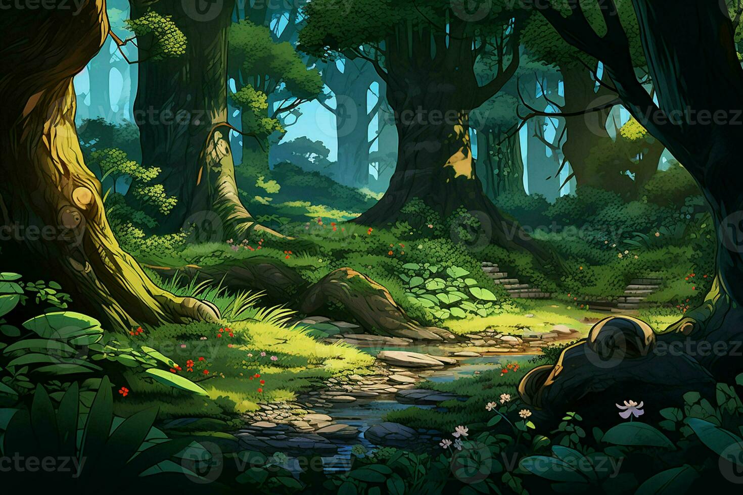 Fantasy forest with old trees and stairs. Fresh green forest with rocks and trees. ai generated  pro photo