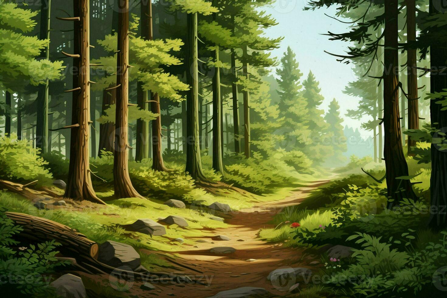 Fantasy forest with old trees and stairs. Fresh green forest with rocks and trees. ai generated  pro photo