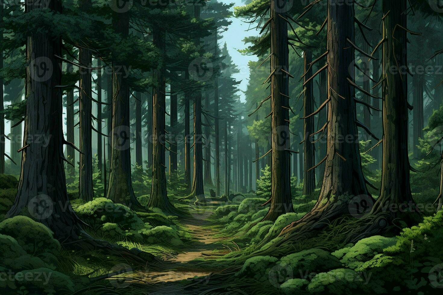 Fantasy forest with old trees and stairs. Fresh green forest with rocks and trees. ai generated  pro photo