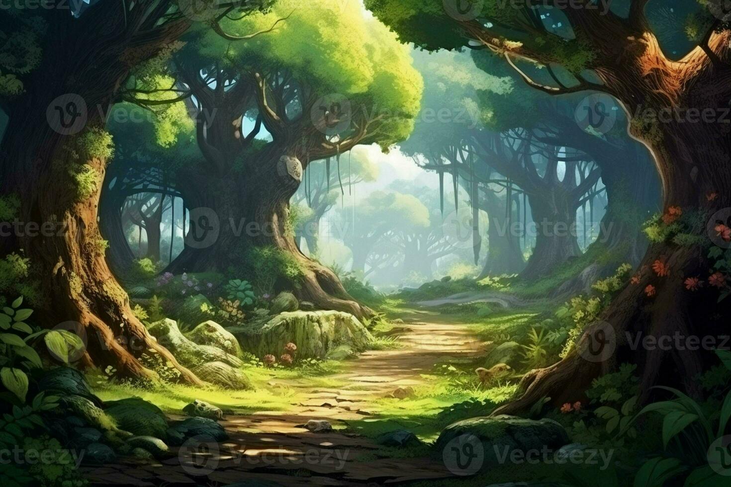 fantasía bosque con antiguo arboles y escaleras. Fresco verde bosque con rocas y arboles ai generado Pro foto