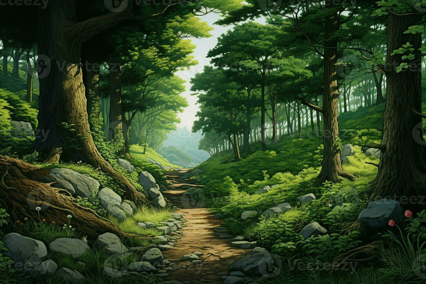 Fantasy forest with old trees and stairs. Fresh green forest with rocks and trees. ai generated  pro photo