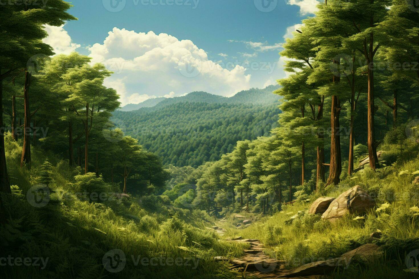 Fantasy forest with old trees and stairs. Fresh green forest with rocks and trees. ai generated  pro photo