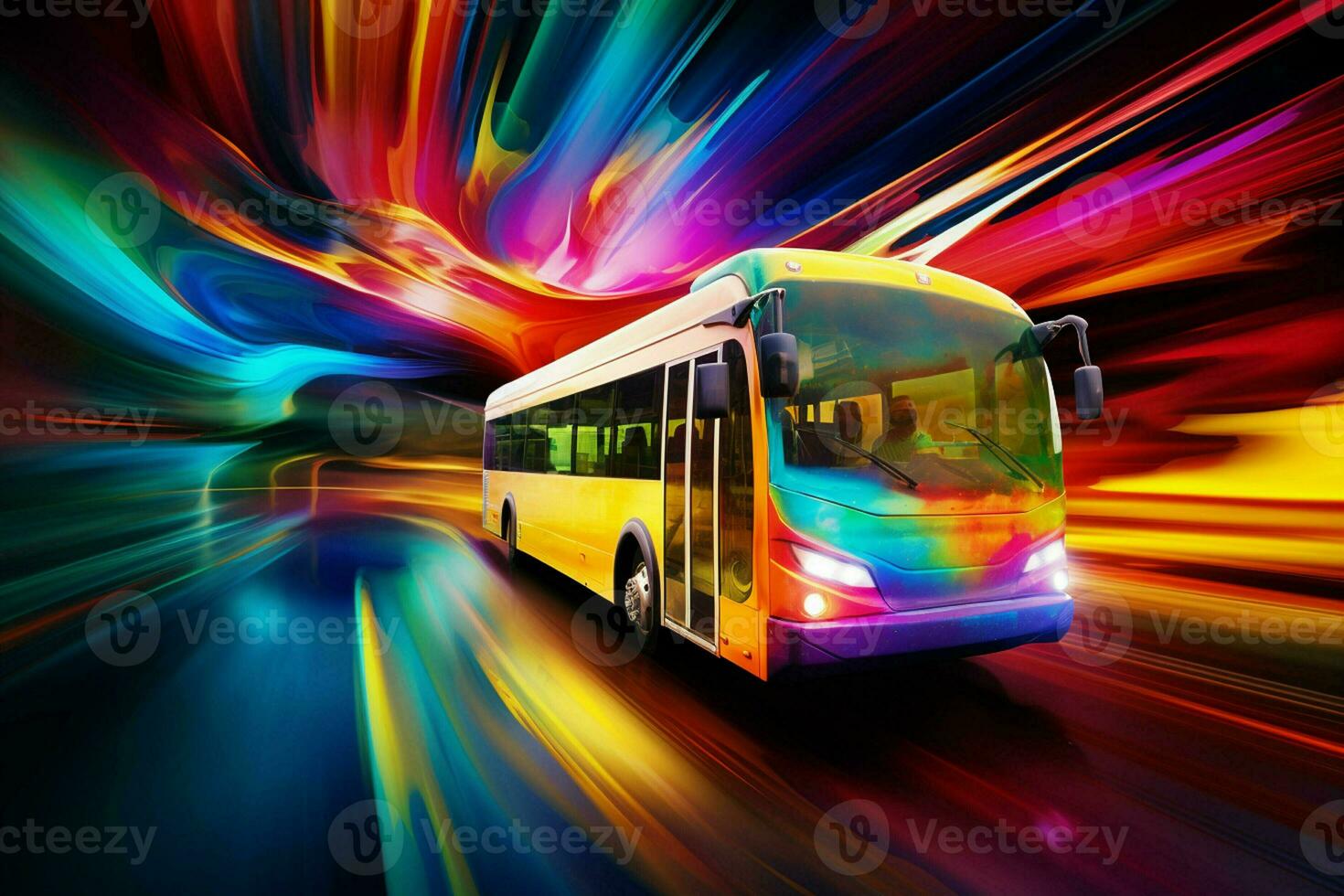 Bus on the road at night with motion blur effect, abstract background. ai generated pro photo