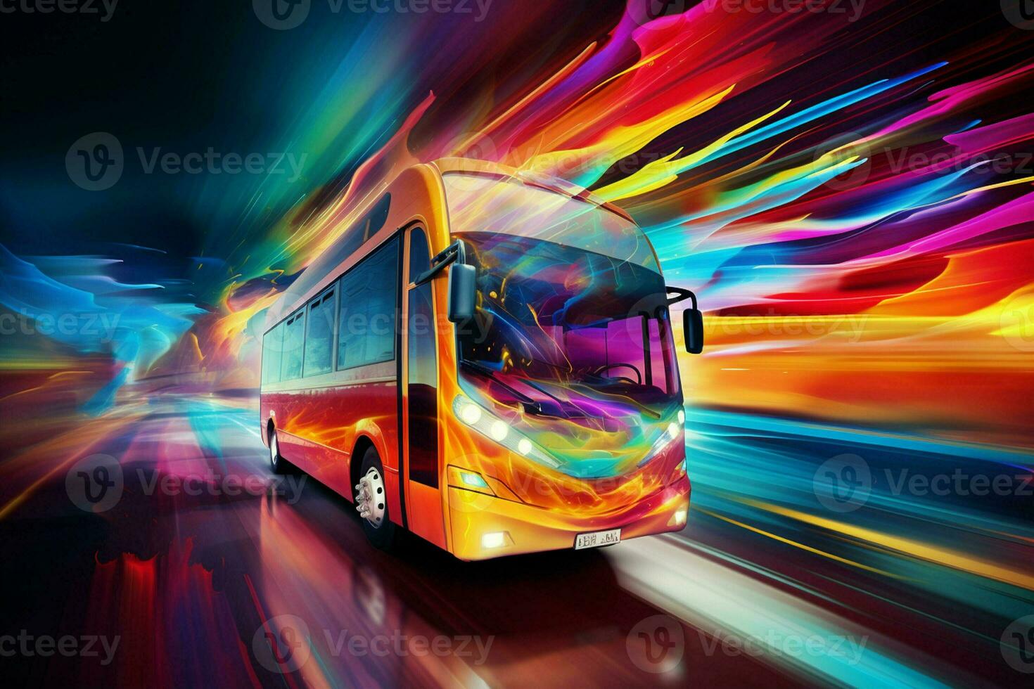 Bus on the road at night with motion blur effect, abstract background. ai generated pro photo