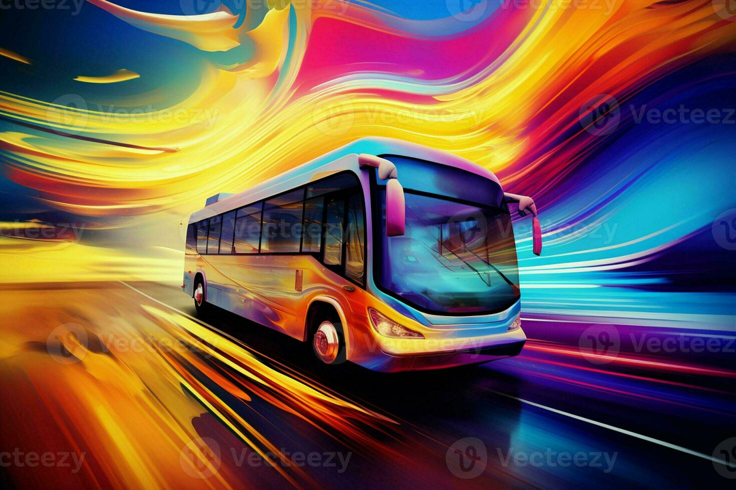 Bus on the road at night with motion blur effect, abstract background. ai generated pro photo