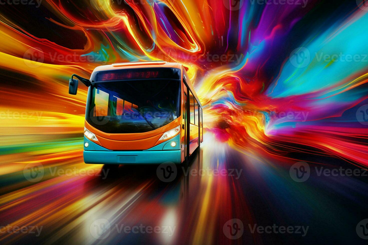 Bus on the road at night with motion blur effect, abstract background. ai generated pro photo