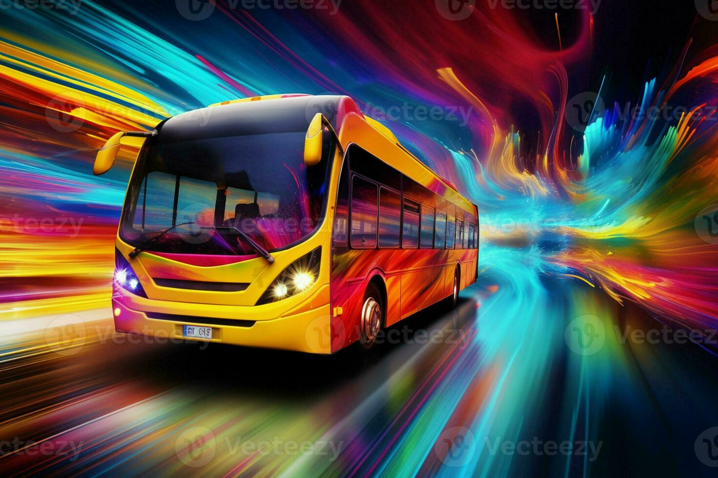 Bus on the road at night with motion blur effect, abstract background. ai generated pro photo