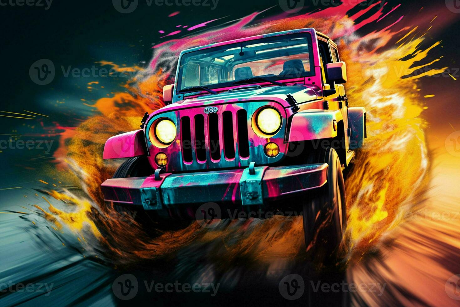 Off-road vehicle in splashes of color. ai generated pro photo