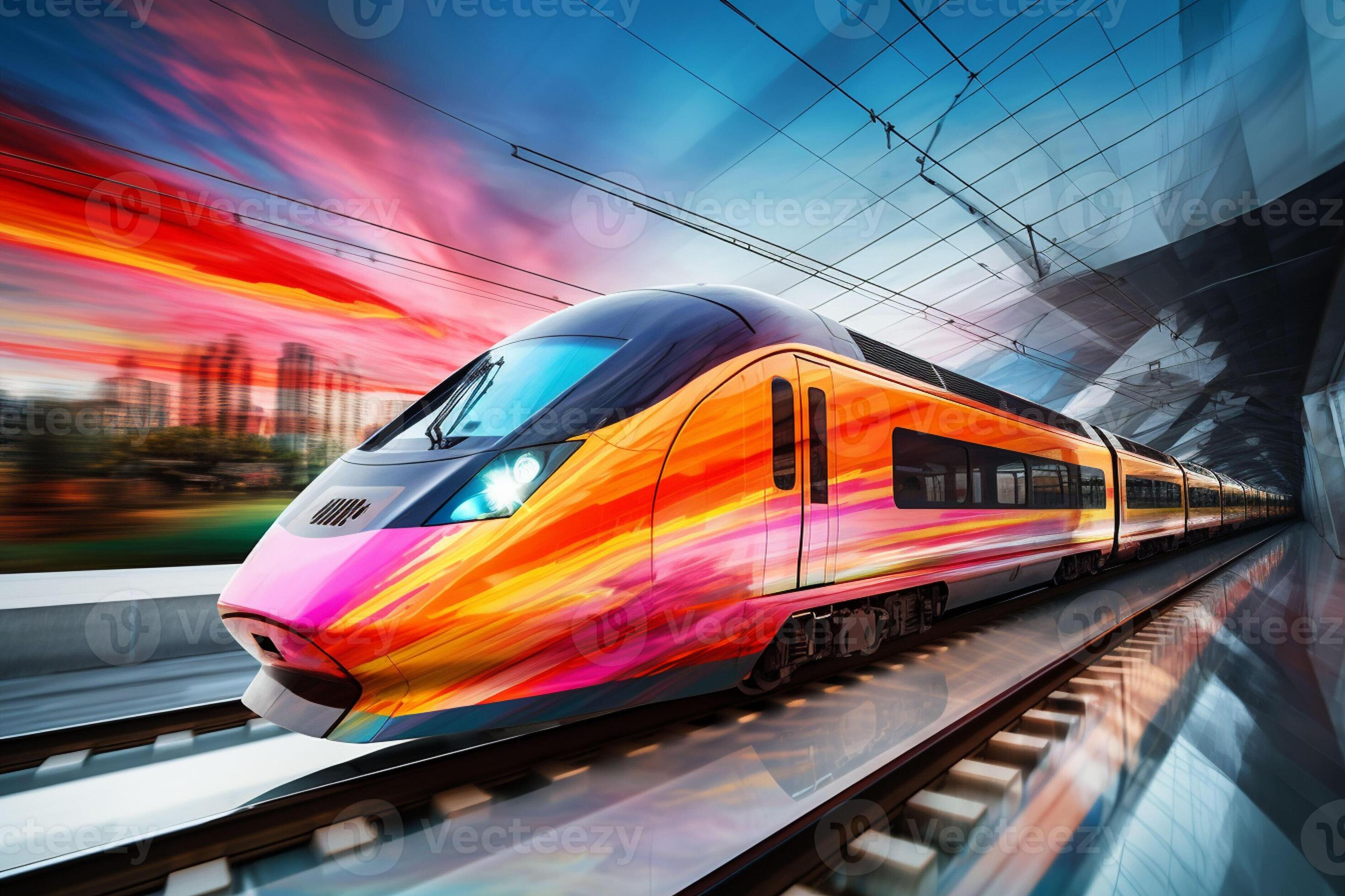 High-speed train on the high-speed railway. Motion blur. ai generated