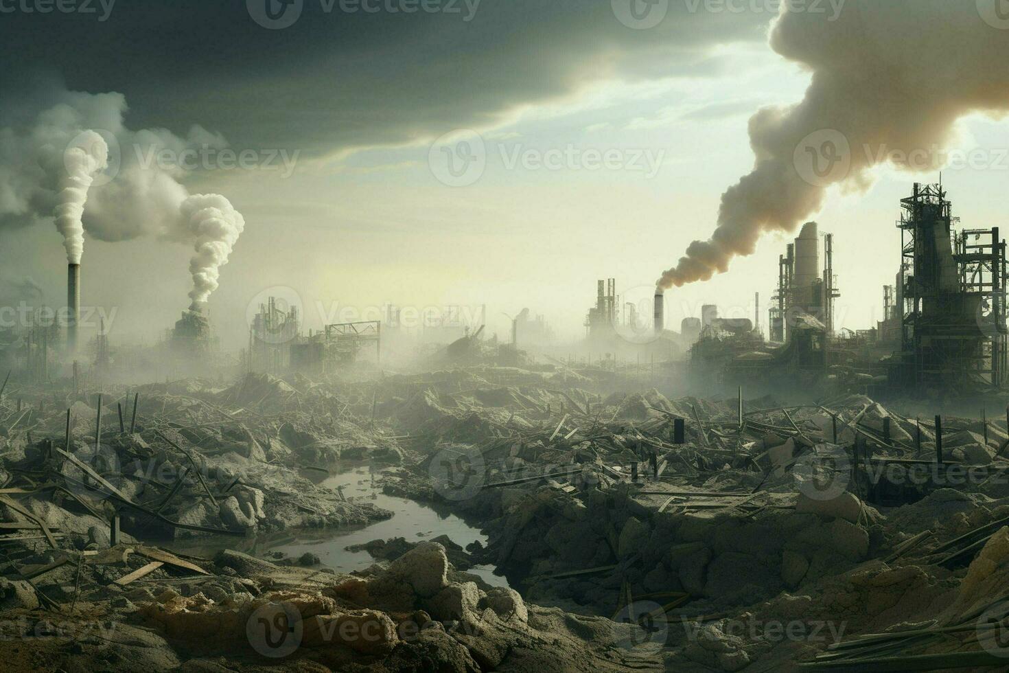 Industrial smoke rising from the chimneys of an oil refinery. Pollution of the environment. Global warming concept. ai generated  pro photo