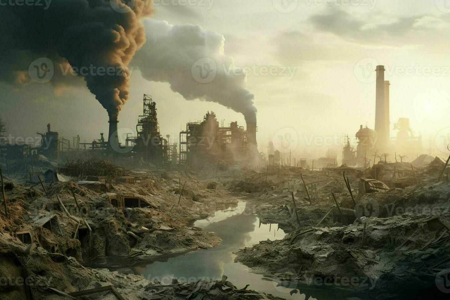 Industrial smoke rising from the chimneys of an oil refinery. Pollution of the environment. Global warming concept. ai generated  pro photo