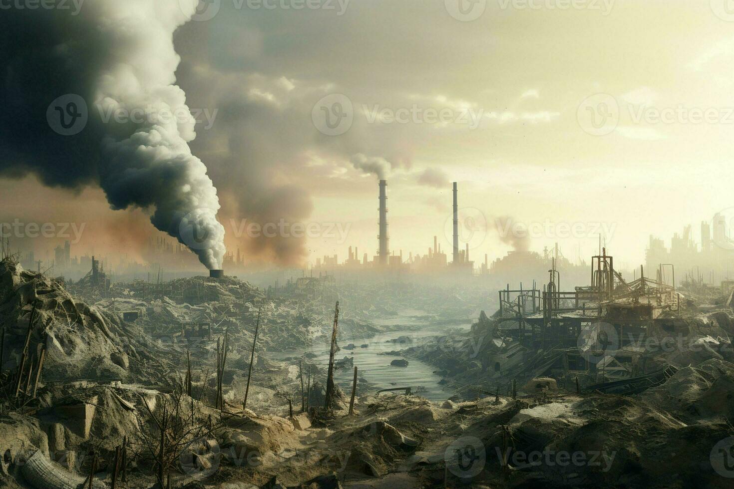 Industrial smoke rising from the chimneys of an oil refinery. Pollution of the environment. Global warming concept. ai generated  pro photo