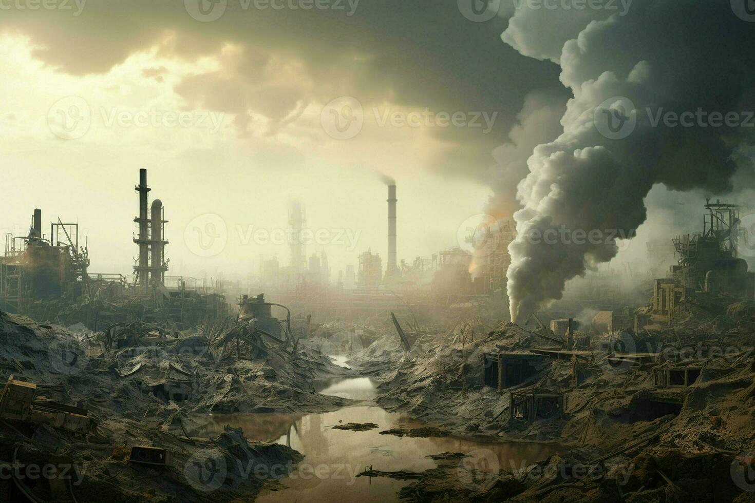 Industrial smoke rising from the chimneys of an oil refinery. Pollution of the environment. Global warming concept. ai generated  pro photo