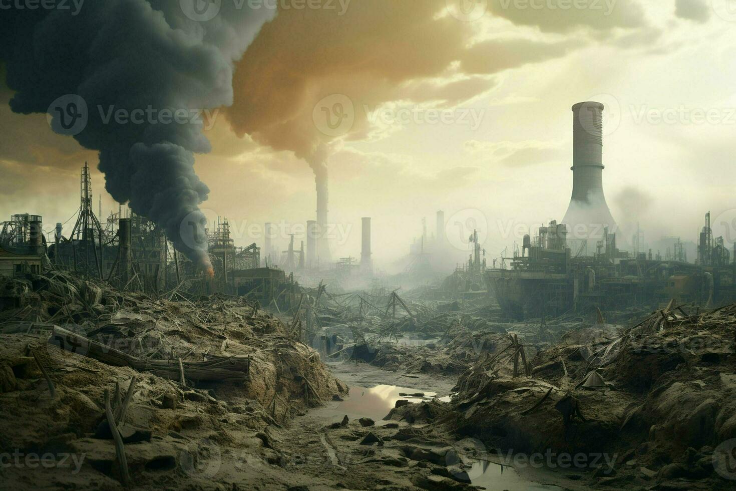 Industrial smoke rising from the chimneys of an oil refinery. Pollution of the environment. Global warming concept. ai generated pro photo
