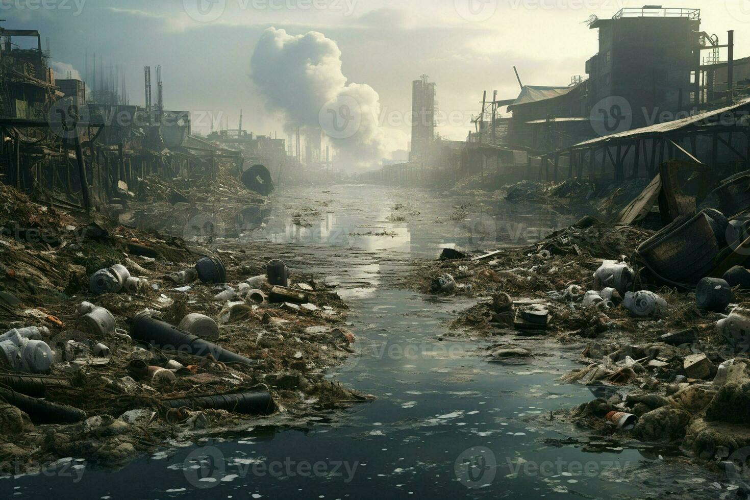 Industrial smoke rising from the chimneys of an oil refinery. Pollution of the environment. Global warming concept. ai generated pro photo