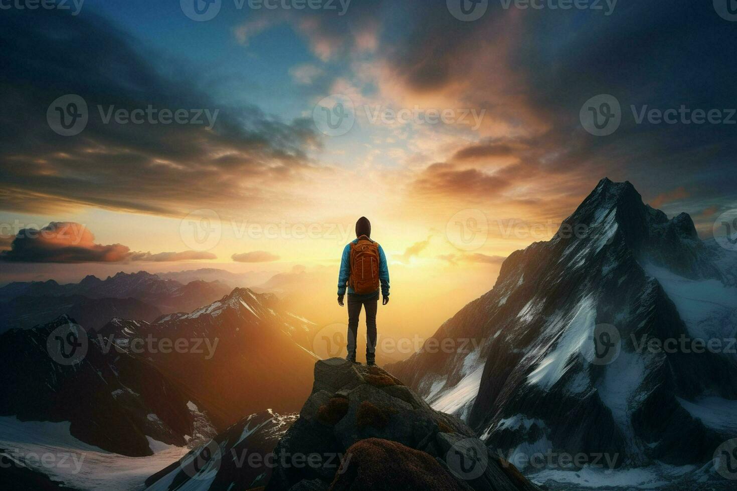 Hiker on the top of the mountain at sunset. Travel and adventure concept. ai generated pro photo