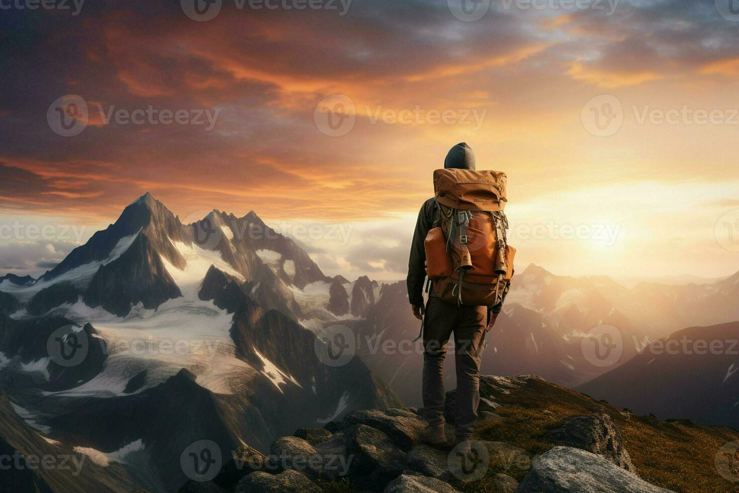 Hiker on the top of the mountain at sunset. Travel and adventure concept. ai generated pro photo